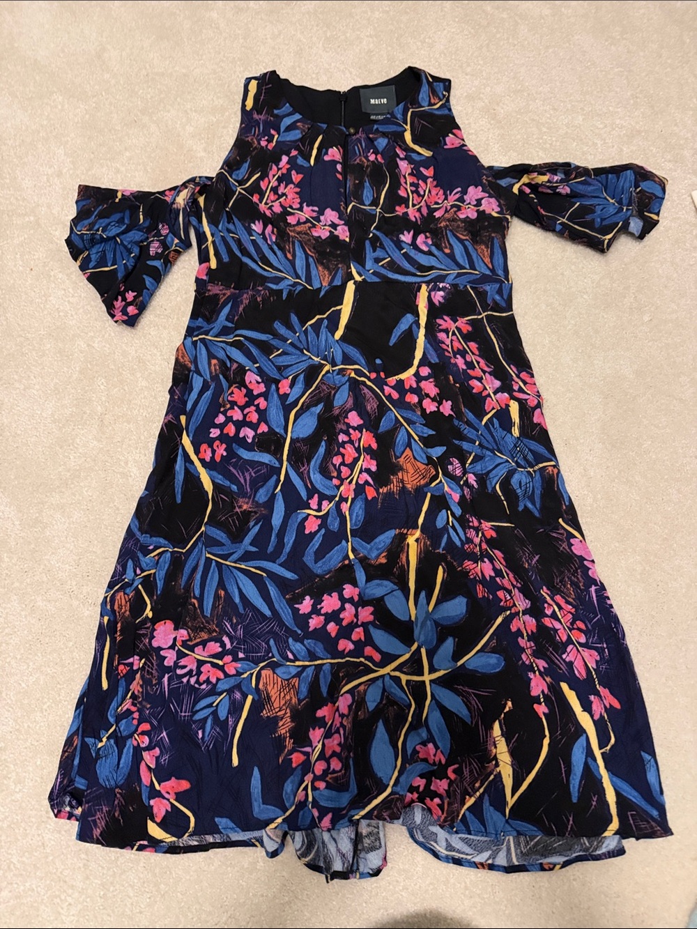Maeve Anthropologie Navy Floral Cold-Shoulder Dress with Pink & Blue Print